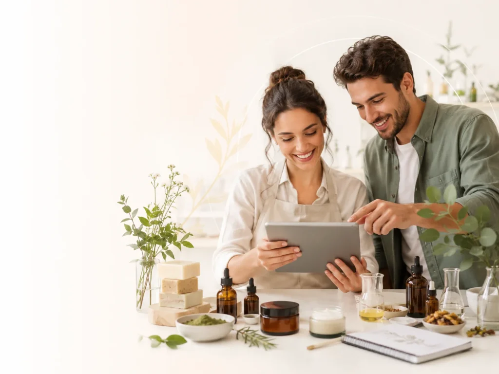 Personas revisando una tablet en un laboratorio de cosmética natural con frascos, jabones artesanales, plantas e ingredientes botánicos.